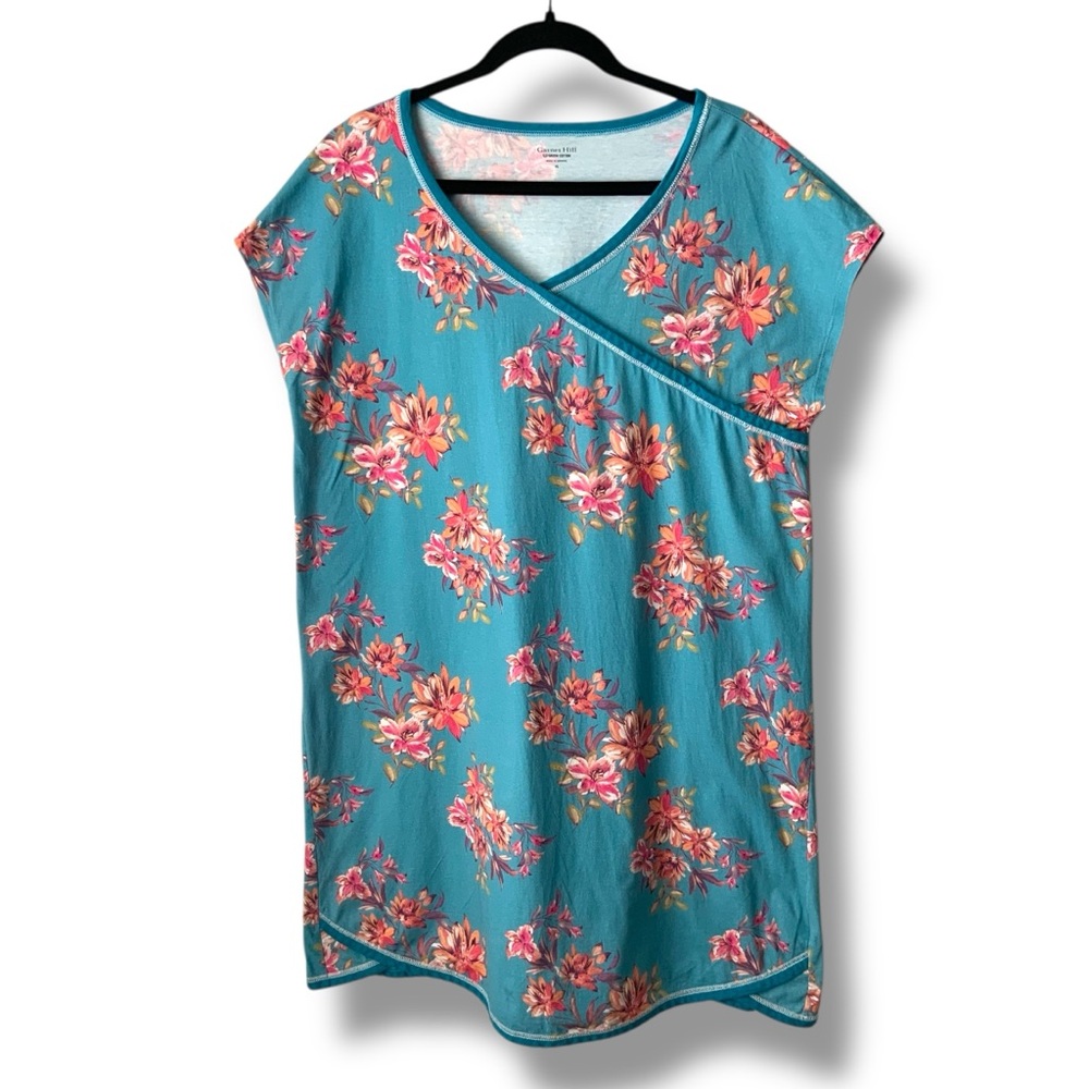 GARNET HILL Asian Wrap Floral Nightgown Organic Cotton Teal Blue Pink XL - Picture 2 of 11
